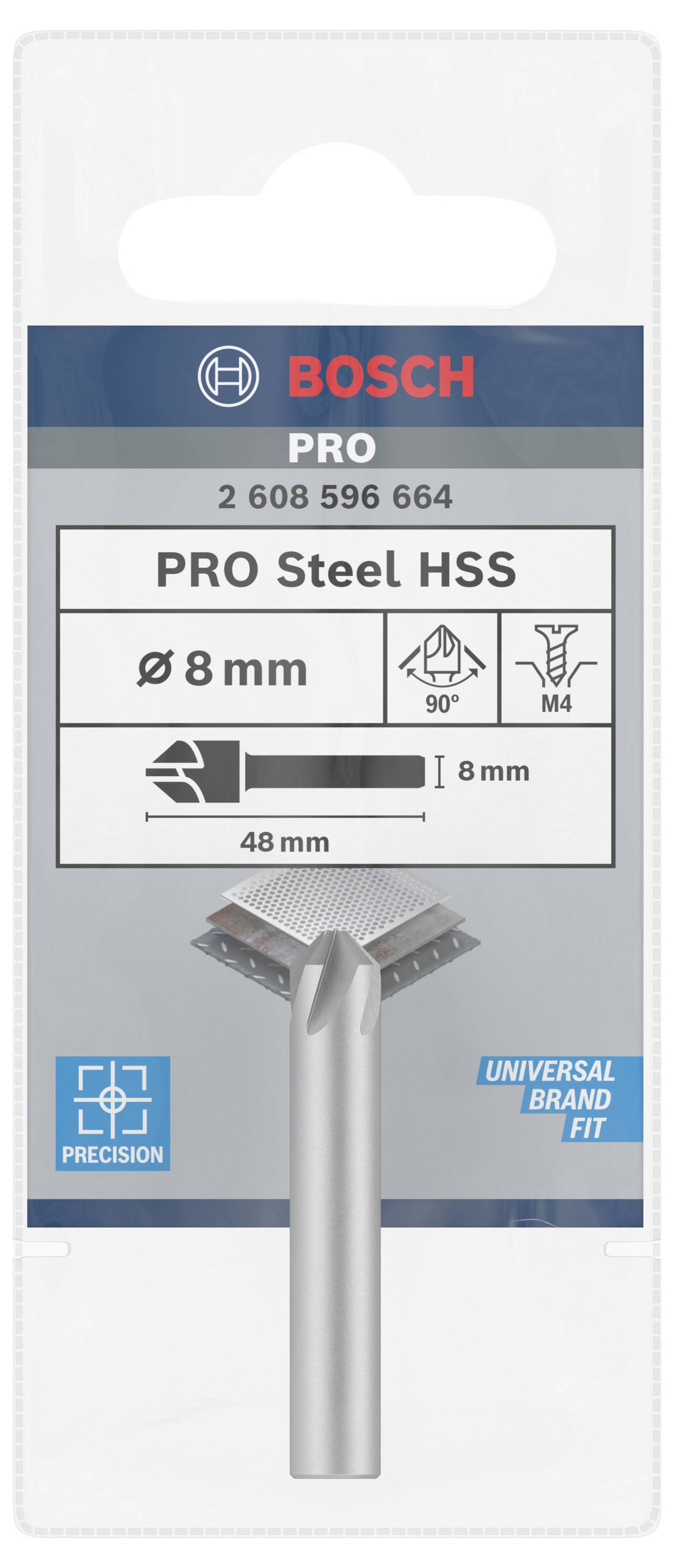'Verpackung eines Bosch Pro HSS Stahlbohrers, Ø 8 mm, 90°, M4, für präzises Bohren und universelle Passform, Länge 48 mm.'