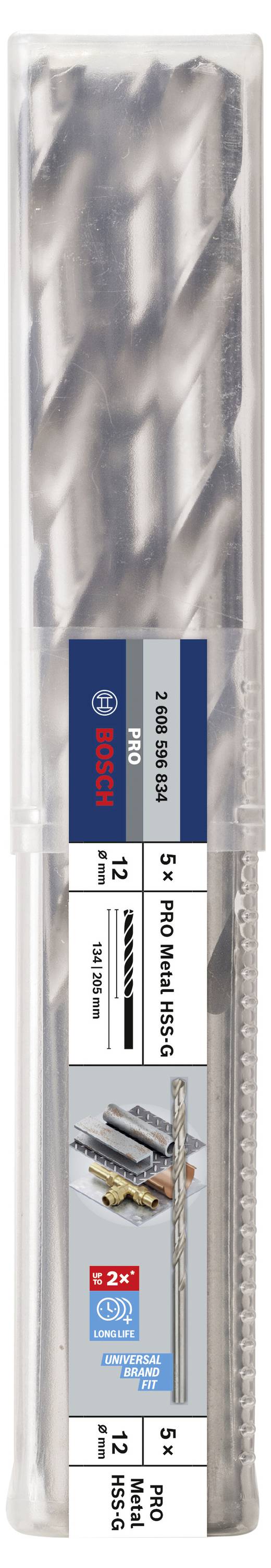 Bohrer in Verpackung, Etikett zeigt 'Bosch' Markenzeichen, Spezifikationen: 12 mm Durchmesser, 145 mm Länge, geeignet für Beton.