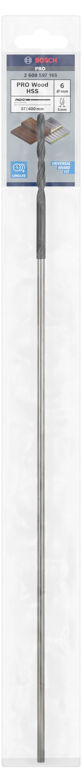 Ein langer, metallischer Bohrer von Bosch, geeignet für Beton und Stein, mit einem grauen Schaft und einer vierflügeligen Spitze.