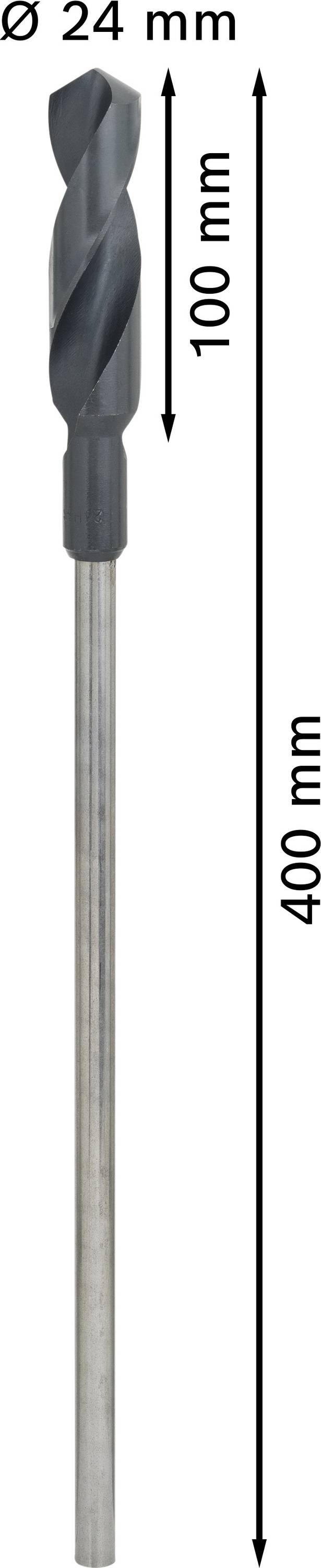 Bohrer mit einem 24 mm Durchmesser und einer Gesamtlänge von 400 mm, wobei 100 mm die Bohrtiefe ist.