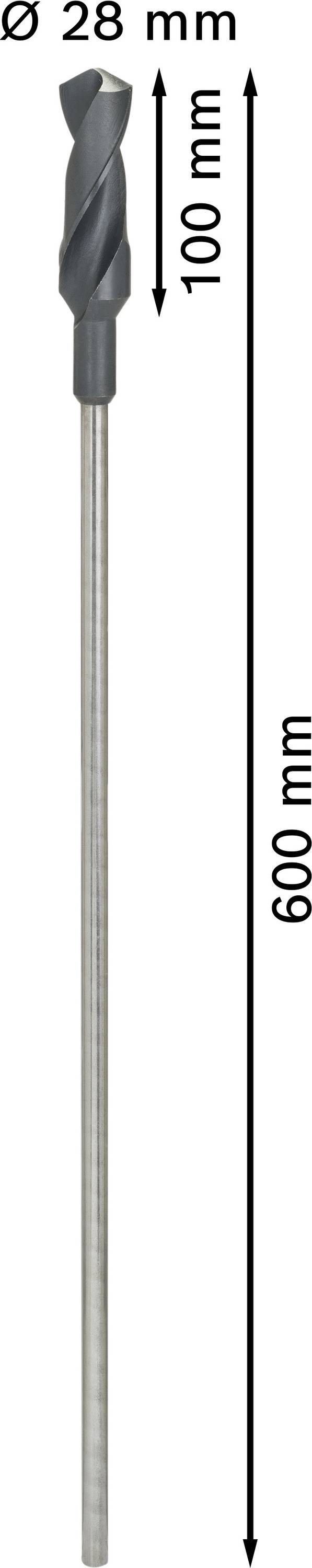 Ein Bohrer mit einem Durchmesser von 28 mm, Gesamtlänge 600 mm, und einer scharzen Spitze von 100 mm.