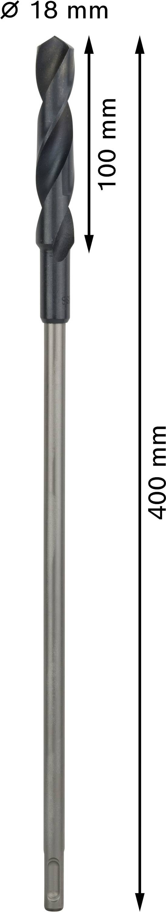 Bohraufsatz mit einem Durchmesser von 18 mm, einer Länge von 400 mm und einer nutzbaren Länge von 100 mm.