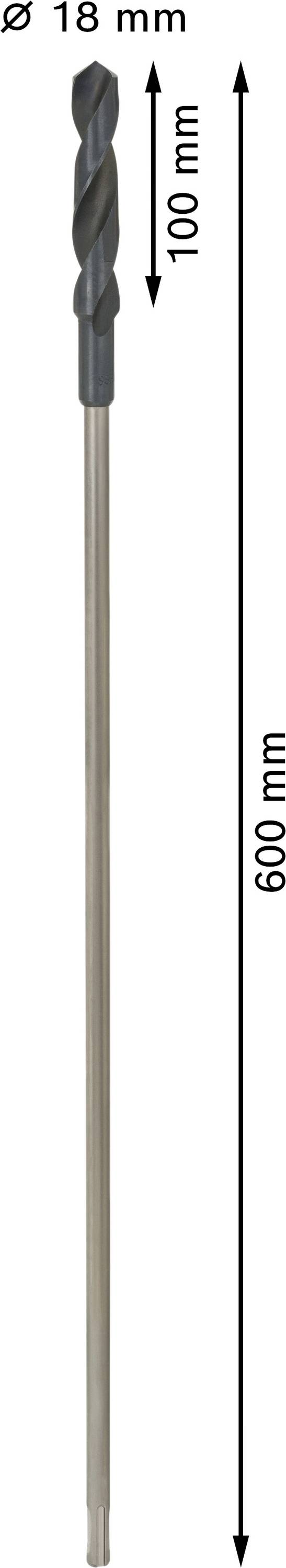 Abgebildet ist ein langer Bohrer mit einem Durchmesser von 18 mm und einer Gesamtlänge von 600 mm. Die schwarze Spitze misst 100 mm.