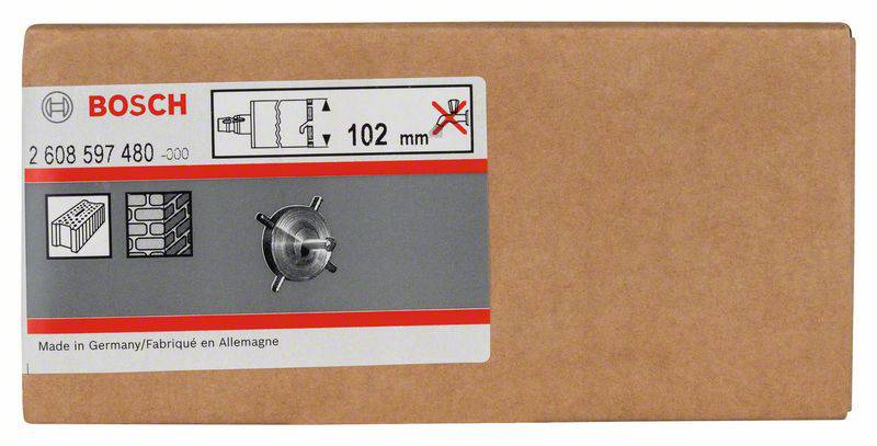 'Bosch' Kartonverpackung, zeigt einen 102 mm Zylinderbohrer mit Symbolen für Beton-, Ziegel- und Steinfertigkeiten. Made in Germany.