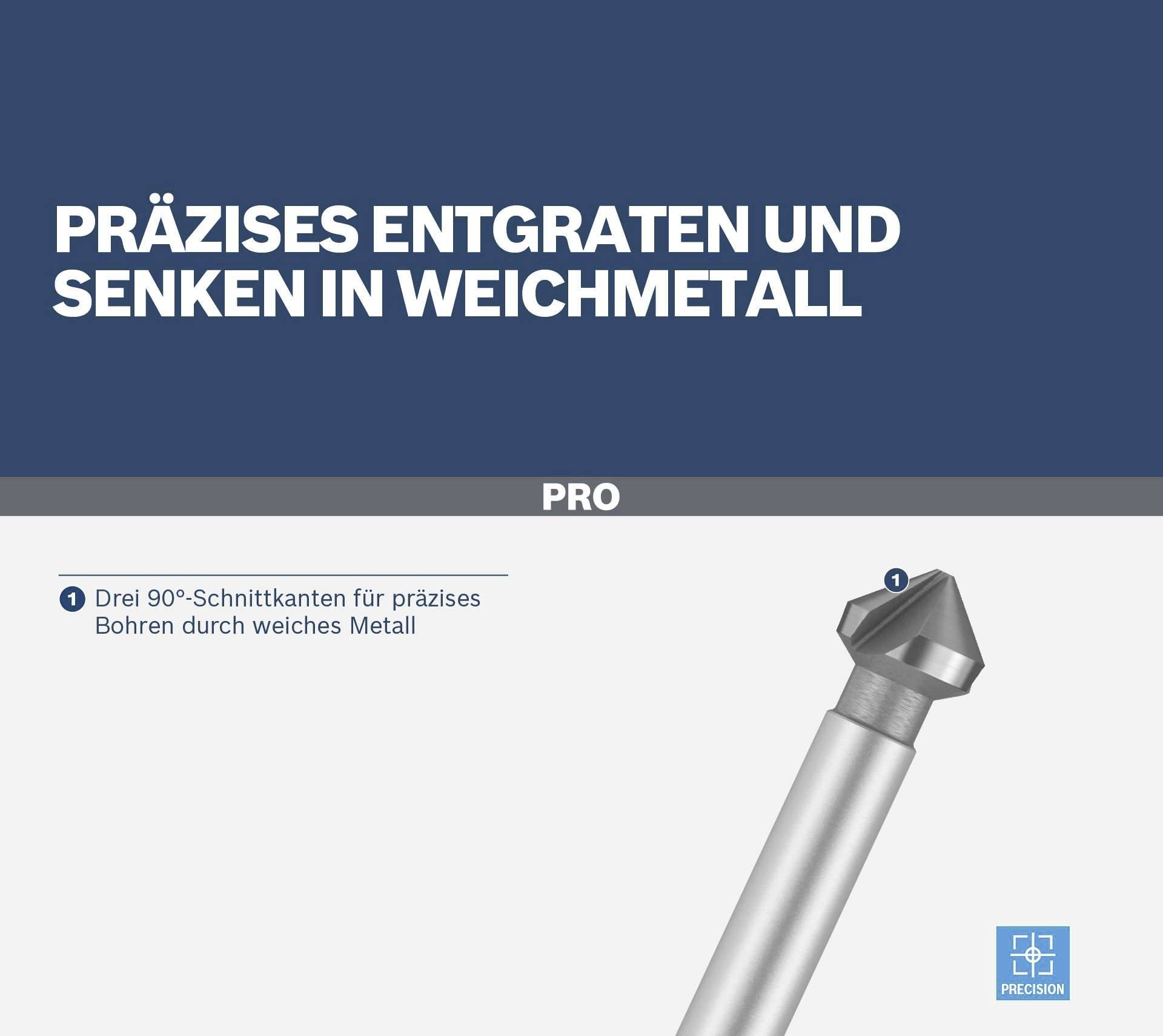 'Präzises Entgraten und Senken in Weichmetall' mit Bild eines Werkzeugs mit Spitze, drei 90°-Schneidkanten für präzises Bohren.