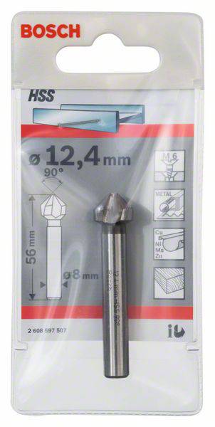 Eine Bosch HSS-Senkerpackung mit 12,4 mm Durchmesser und 90° Senkwinkel. Geeignet für Metallbearbeitung, 56 mm Länge.