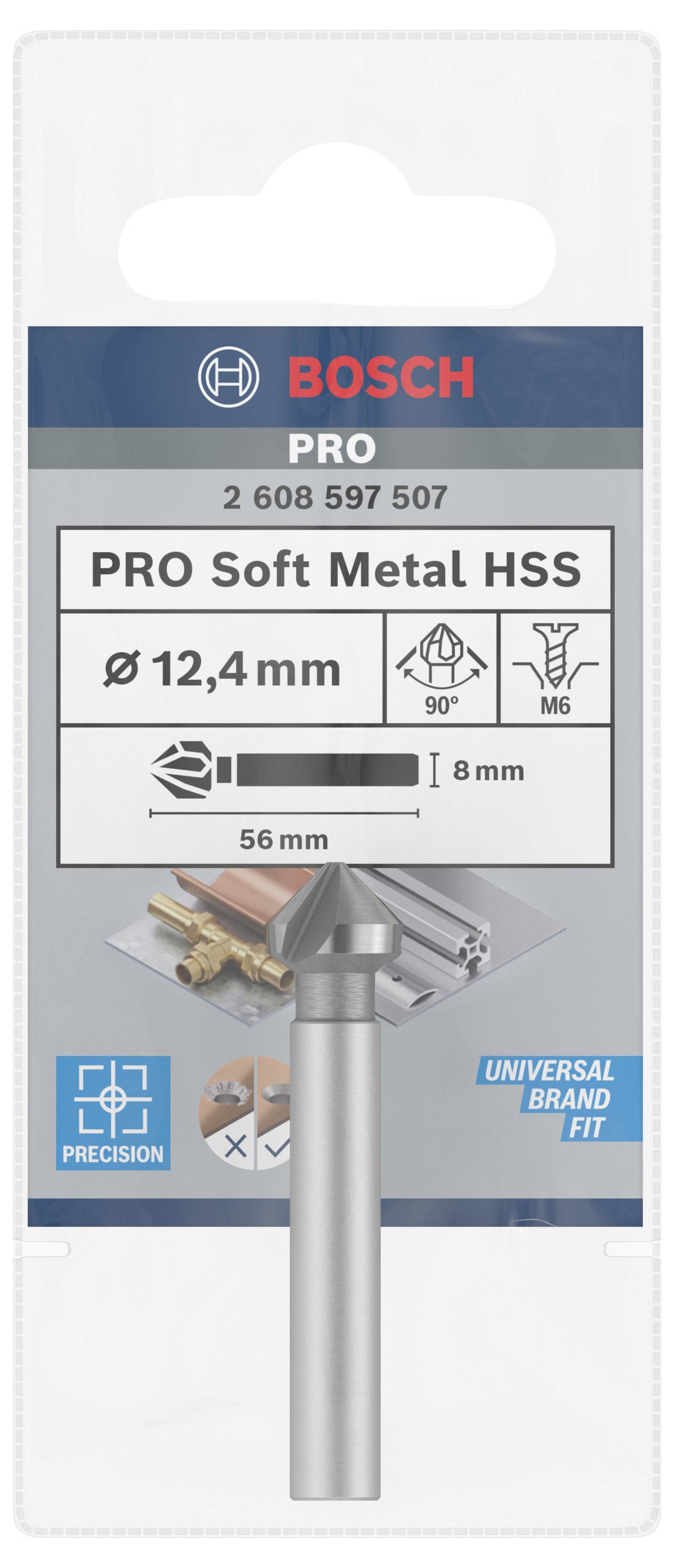 'Bosch Pro Soft Metal HSS', 12,4 mm Schaftfräser, zeigt Ø 12,4 mm, 90°, geeignete Materialien und Maße: 56 mm Länge, Ø 8 mm.