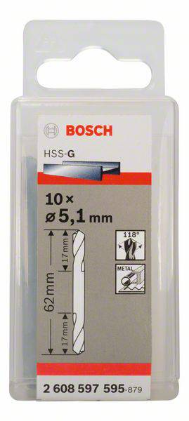 Verpackung mit 10 Bosch HSS-G Metallbohrern, Durchmesser 5,1 mm, Länge 62 mm, Winkel 118°, geeignet für Metallbearbeitung.