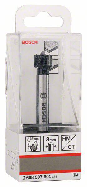 Bohrer-Verpackung von Bosch mit einem Zinkenfräser, Größe 15mm und Schaftdurchmesser 8mm, aus Hartmetall (HM/CT).