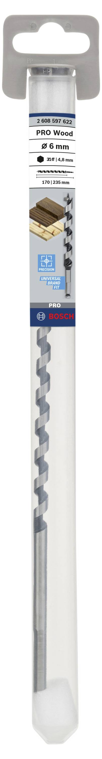 Verpackung eines Bosch Pro Wood Bohrers, geeignet für Holz, mit 8 mm Durchmesser. Enthält Informationen zur Kompatibilität und Produktdetails.