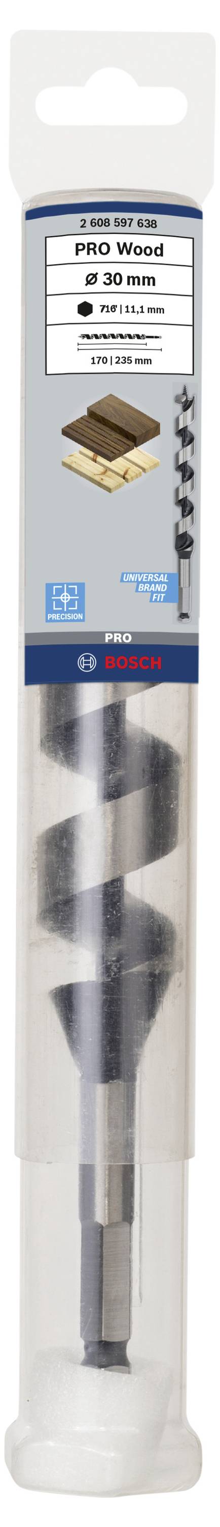 Spiralbohrer für Holz in Verpackung. Etikett gibt Durchmesser von 20 mm an. Geeignet für Weich- und Hartholz.