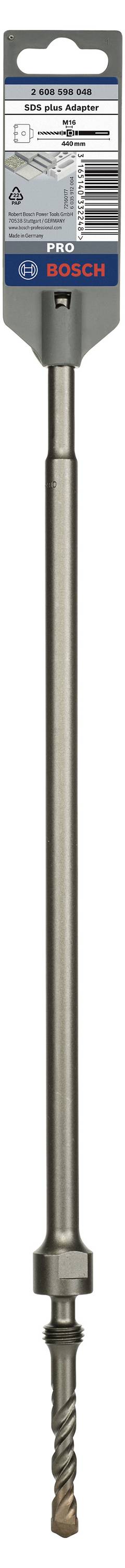 Langer Bohrer mit Metallspitze und Schraubgewinde. Oben befindet sich ein Etikett mit Markenlogo und Produktinformationen.