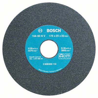 Schleifscheibe von Bosch, blaues Etikett in der Mitte mit Spezifikationen: 175x25x32 mm, H 30 m/s, geprüft nach § 6, aus deutscher Herstellung.