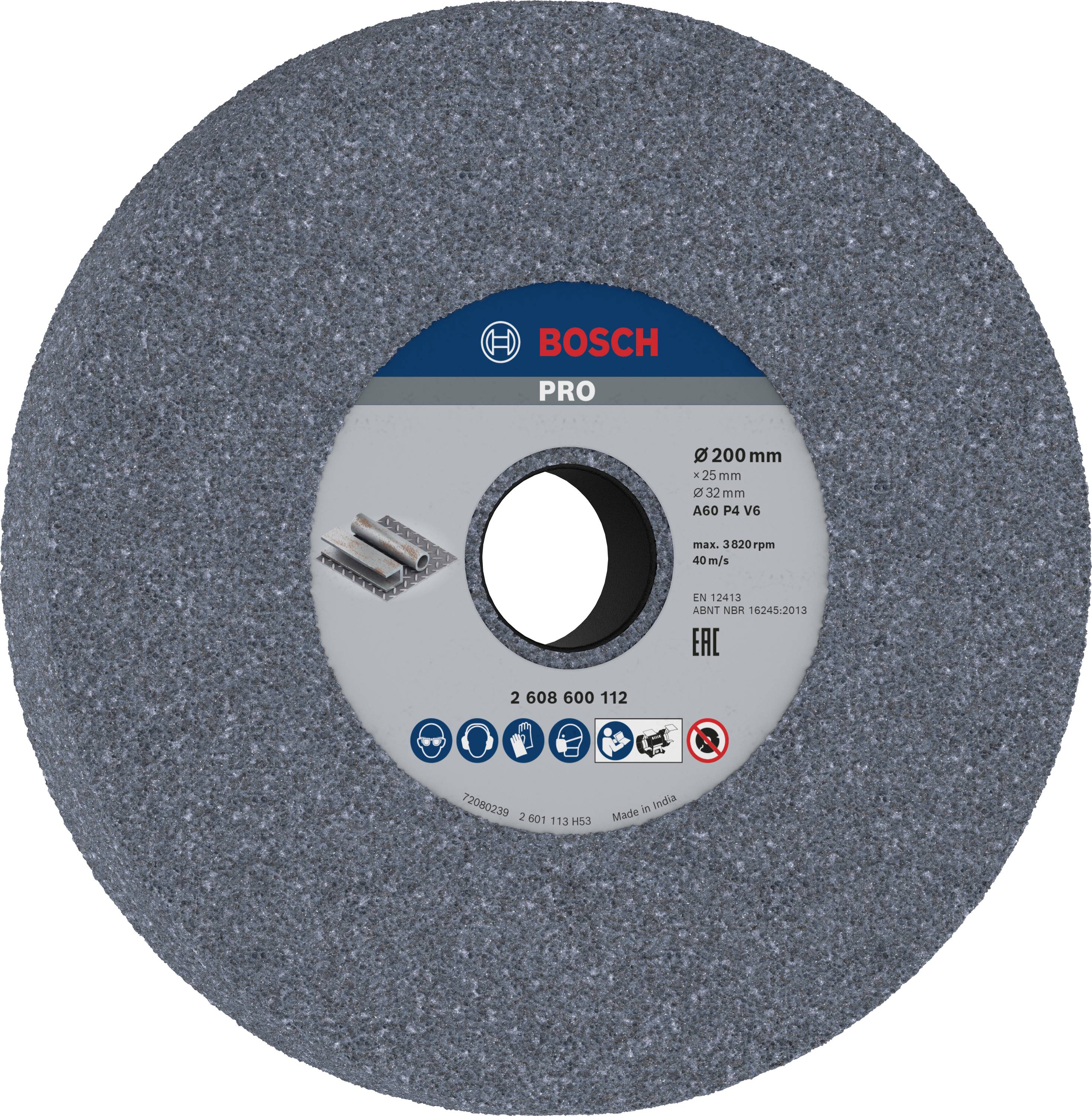Schleifscheibe von Bosch Pro, Durchmesser 200 mm, Körnung A60, maximale Drehzahl 3.820 U/min, für Metallbearbeitung geeignet.
