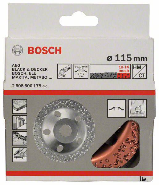 Eine Bosch-Verpackung für eine Schleifscheibe, Ø 115 mm für Beton und Ziegel. Kompatibel mit Marken wie AEG, Makita und Metabo.