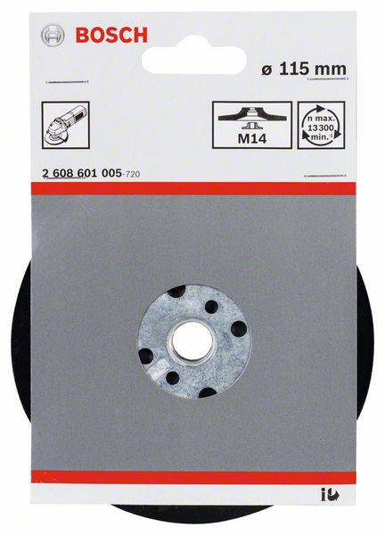 Verpackung einer Schleifscheibe von Bosch, Durchmesser 115 mm, M14-Aufnahme, maximale Drehzahl 13.300 U/min.