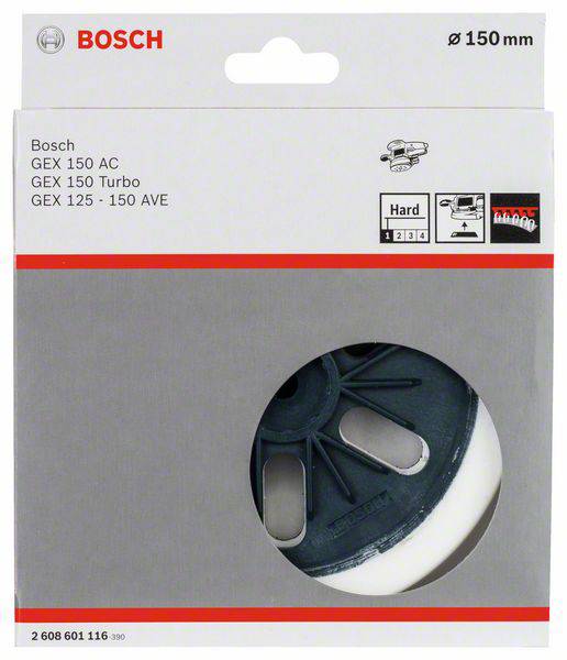 Die Verpackung zeigt einen Bosch Schleifteller mit den Angaben 'Bosch GEX 150 AC, GEX 150 Turbo, GEX 125 - 150 AVE'.