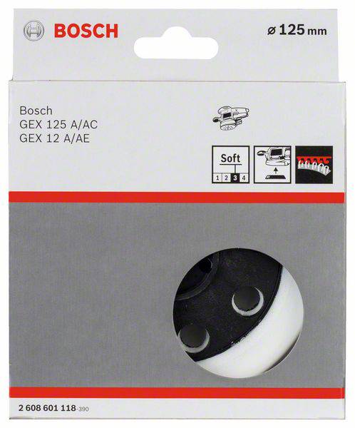 'Bosch GEX 125 A/AC, GEX 12 A/AE' Schleifmaschine Verpakung mit Abbildung des Werkzeugs und Angaben zu Größe und Funktionen.