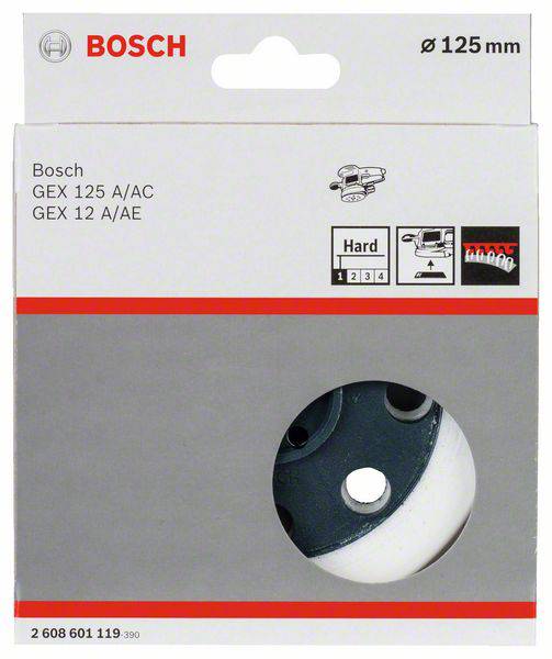 Verpackung einer Bosch Schleifscheibe, 125 mm, mit Abbildung der Scheibe und Angaben zu Kompatibilität und Härtegrad.