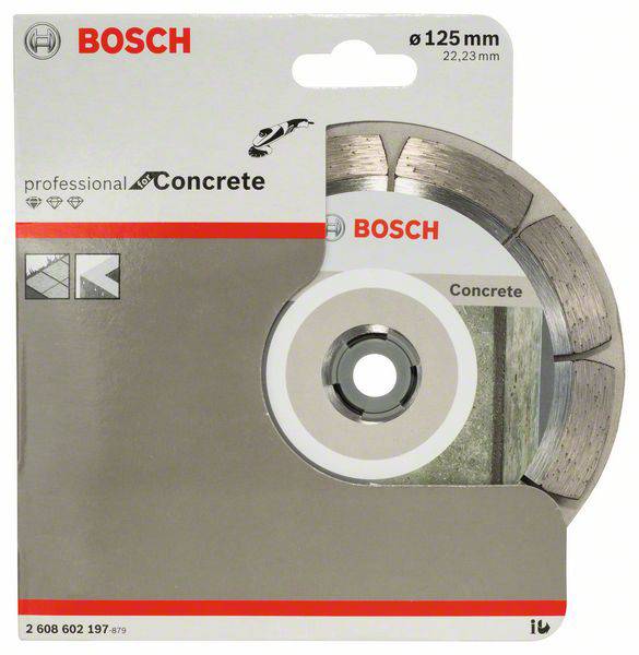 Verpackung für eine Bosch Diamanttrennscheibe für Beton. Scheibe mit 125 mm Durchmesser. Produktname: 'professional Concrete'.
