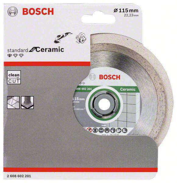 'Sägeblatt der Marke Bosch für Keramik, 115 mm Durchmesser, 22,23 mm Bohrung, geeignet für saubere Schnitte.'