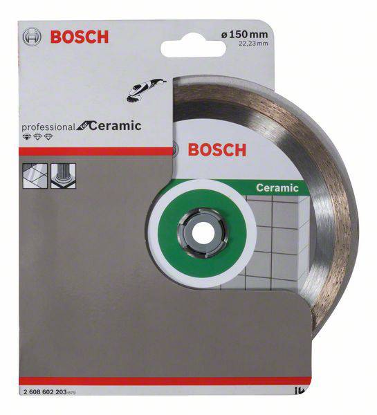 Bosch Fliesenschneidescheibe, 150 mm, für Keramik. Verpackung zeigt Produkt und Symbol für Präzision.