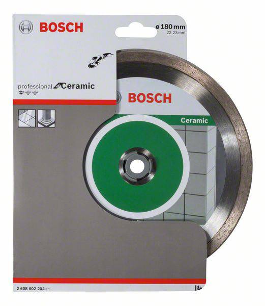 Eine Bosch Keramik-Trennscheibe mit 180 mm Durchmesser, geeignet für das Schneiden von Fliesen. Verpackung zeigt Produkt und Anwendungshinweise.
