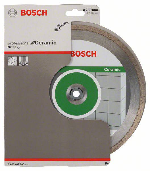 Bosch-Sägeblatt für Keramik, 230 mm Durchmesser, in Originalverpackung mit Bild zur Anwendung bei Fliesen.