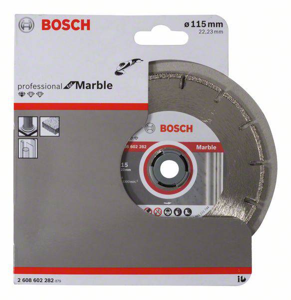 Verpackte Bosch-Diamanttrennscheibe, 115 mm, geeignet für Marmor. Markenlogo und Symbole für Anwendungsbereiche sind sichtbar.
