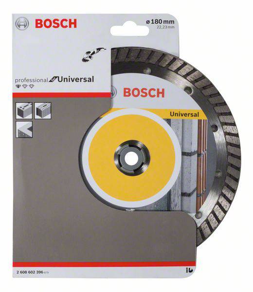 Verpackung einer Bosch Diamanttrennscheibe 'Universal' für 180 mm Durchmesser, geeignet für Beton und Ziegel.