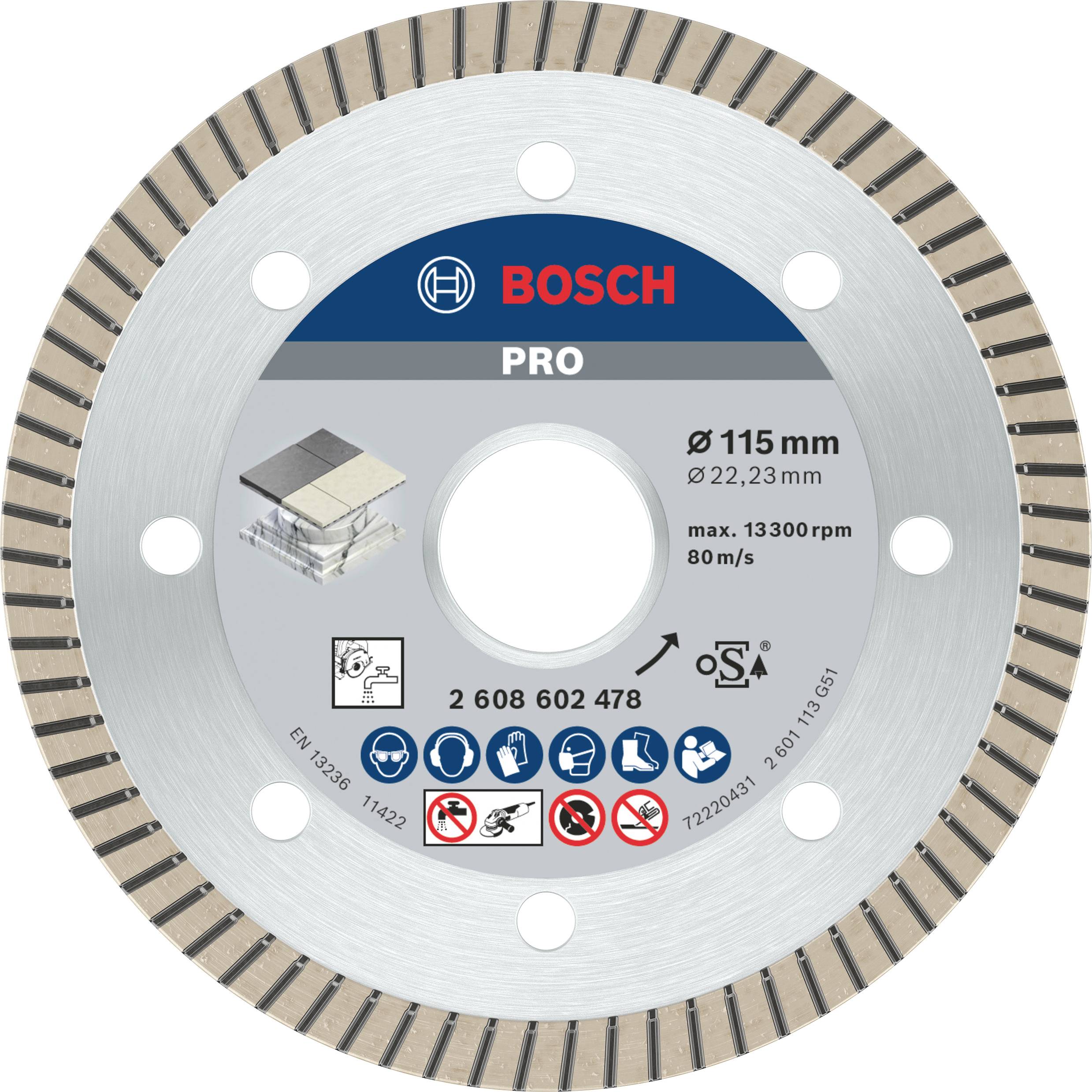 Diamant-Trennscheibe von Bosch Pro, Ø 115 mm, max. 13.300 U/min. In der Mitte ein Foto von Fliesenmaterial, mit Symbolen zur Nutzungssicherheit.
