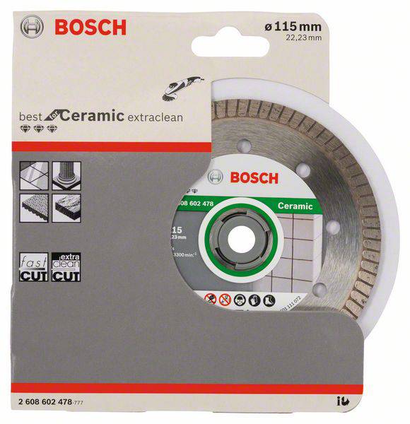 Bosch Diamanttrennscheibe, 115 mm, für saubere Keramikschnitte. Verpackung zeigt Anwendungsbilder und technische Details.