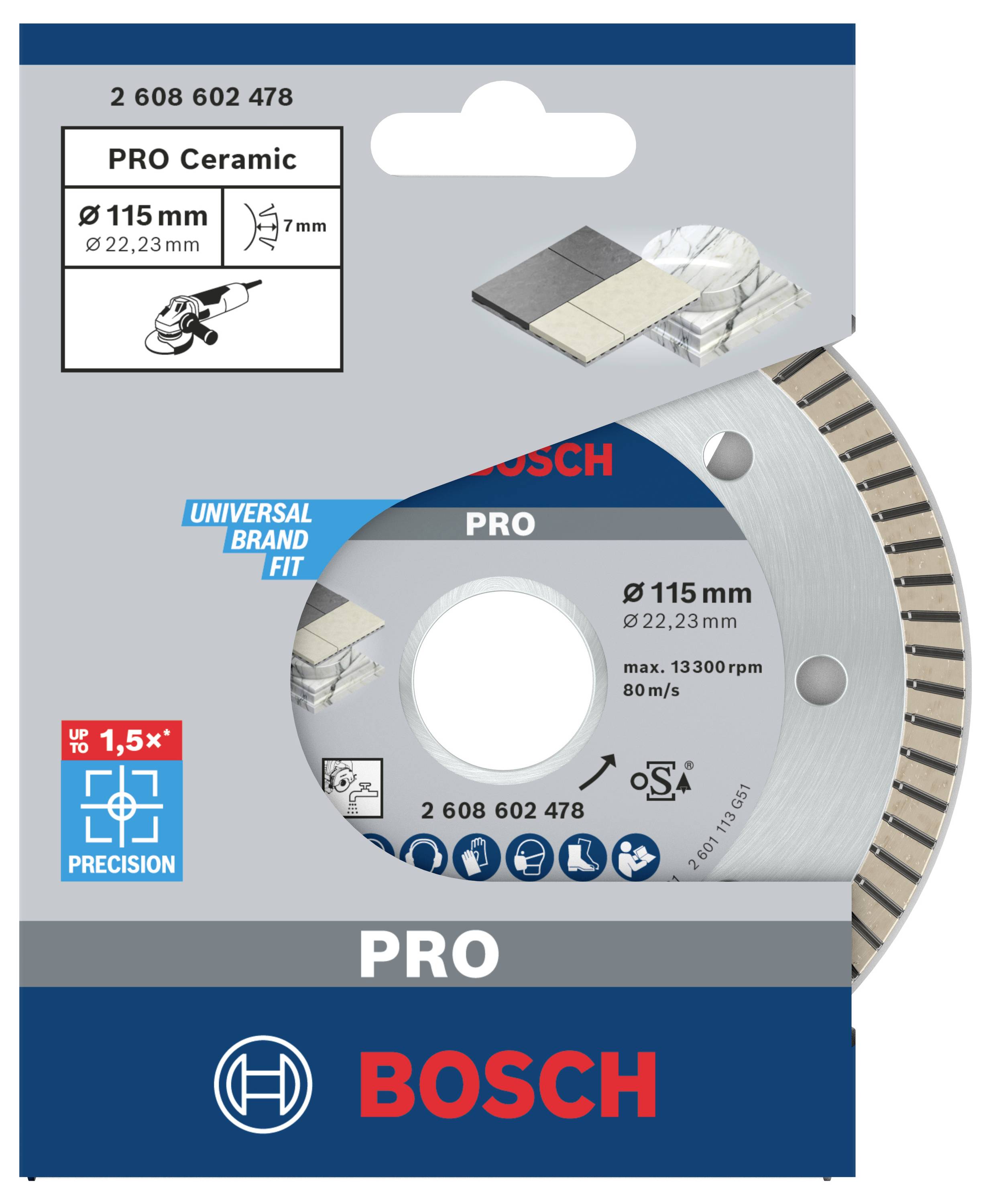 Verpackung einer Bosch Diamantscheibe 'PRO Ceramic', Durchmesser 115 mm, passend für Fliesen- und Steinbearbeitung.