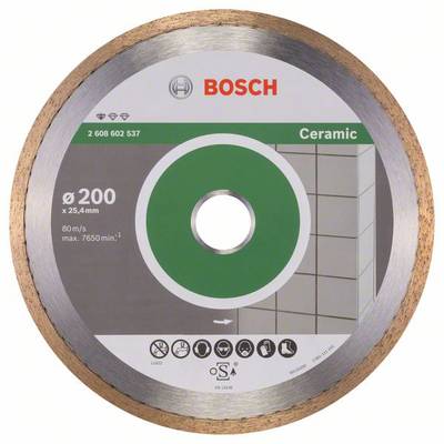 'Bosch' Diamanttrennscheibe für Keramik, ø 200 x 25,4 mm, maximale Drehzahl 7650 U/min, 80 m/s. Enthält Symbole für Sicherheitshinweise.