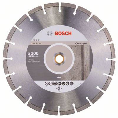 Ein Metallscheibe mit der Aufschrift 'Bosch Concrete', Durchmesser 300 mm, geeignet für Beton. Silberne Oberfläche mit Segmentzähnen.