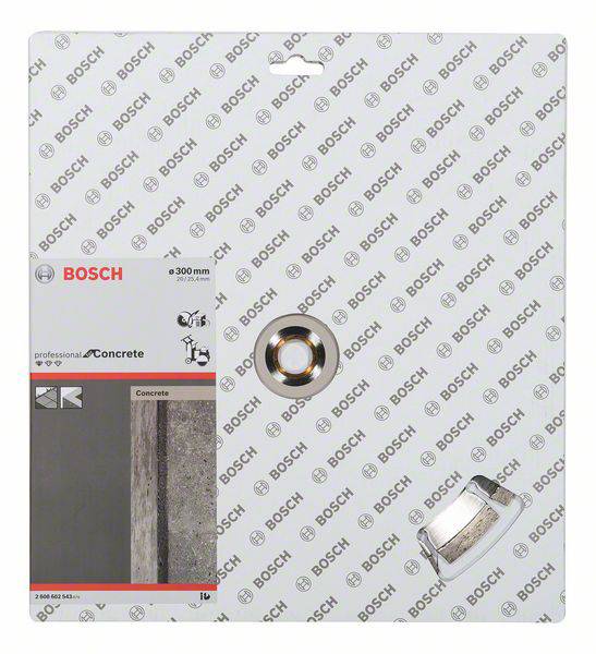 Kreissägeblatt von Bosch für Beton mit einem Durchmesser von 300 mm. Verpackung zeigt Anwendungshinweis und Detailaufnahme des Produkts.