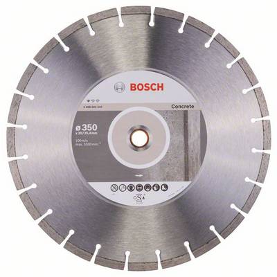 Diamantscheibe von Bosch für Beton mit 350 mm Durchmesser, geeignet für Hochleistungs-Trennarbeiten, zeigt Sicherheits- und Nutzungshinweise.