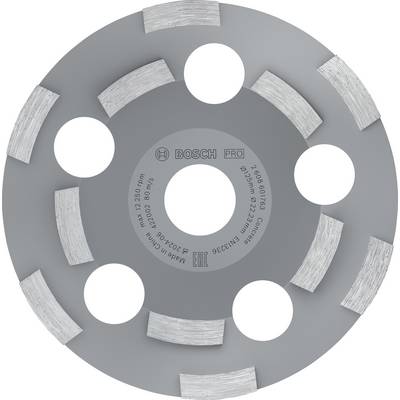 Graues Diamantschleifblatt mit mehreren Öffnungen und segmentierten Schleifbereichen. Text 'Bosch' und technische Spezifikationen in der Mitte.