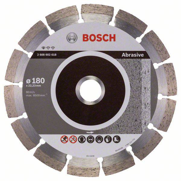Industriescheibe der Marke Bosch mit der Aufschrift 'Abrasive'. Durchmesser: 180 mm. Für Materialbearbeitung bei 80 m/s.