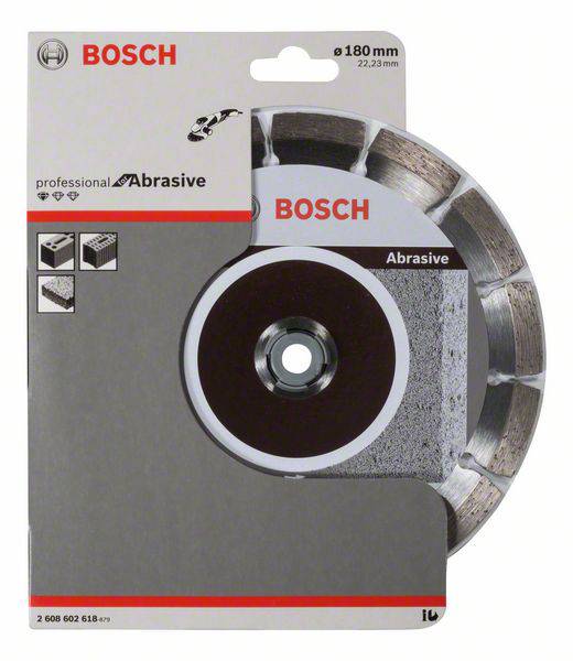 „Bosch“-Trennscheibe in Verpackung. Geeignet für Stein und Beton. Durchmesser: 180 mm. Produkttext: „professional abrasive“.