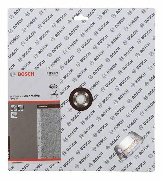 'BOSCH Schleifscheibe, 300 mm, Abrasiv, 10 Stück. Geeignet für professionellen Einsatz.' Verpackung mit Produktabbildung und Logo.
