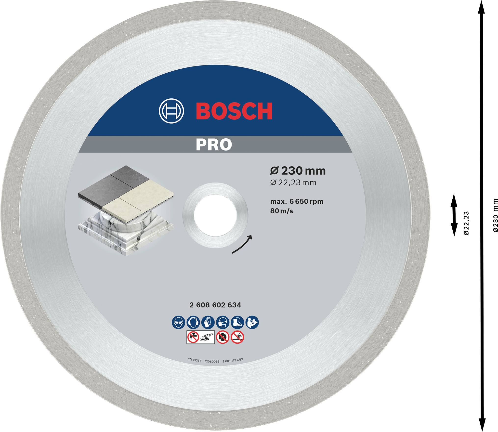 Diamanttrennscheibe von Bosch für professionelle Anwendungen, Durchmesser 230 mm, geeignet für Fliesen und Steinmaterialien.
