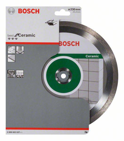 'Bosch Diamanttrennscheibe für Keramik, Ø 230 mm, langlebig, präziser Schnitt; geeignet für Fliesen und Keramikarbeiten.'