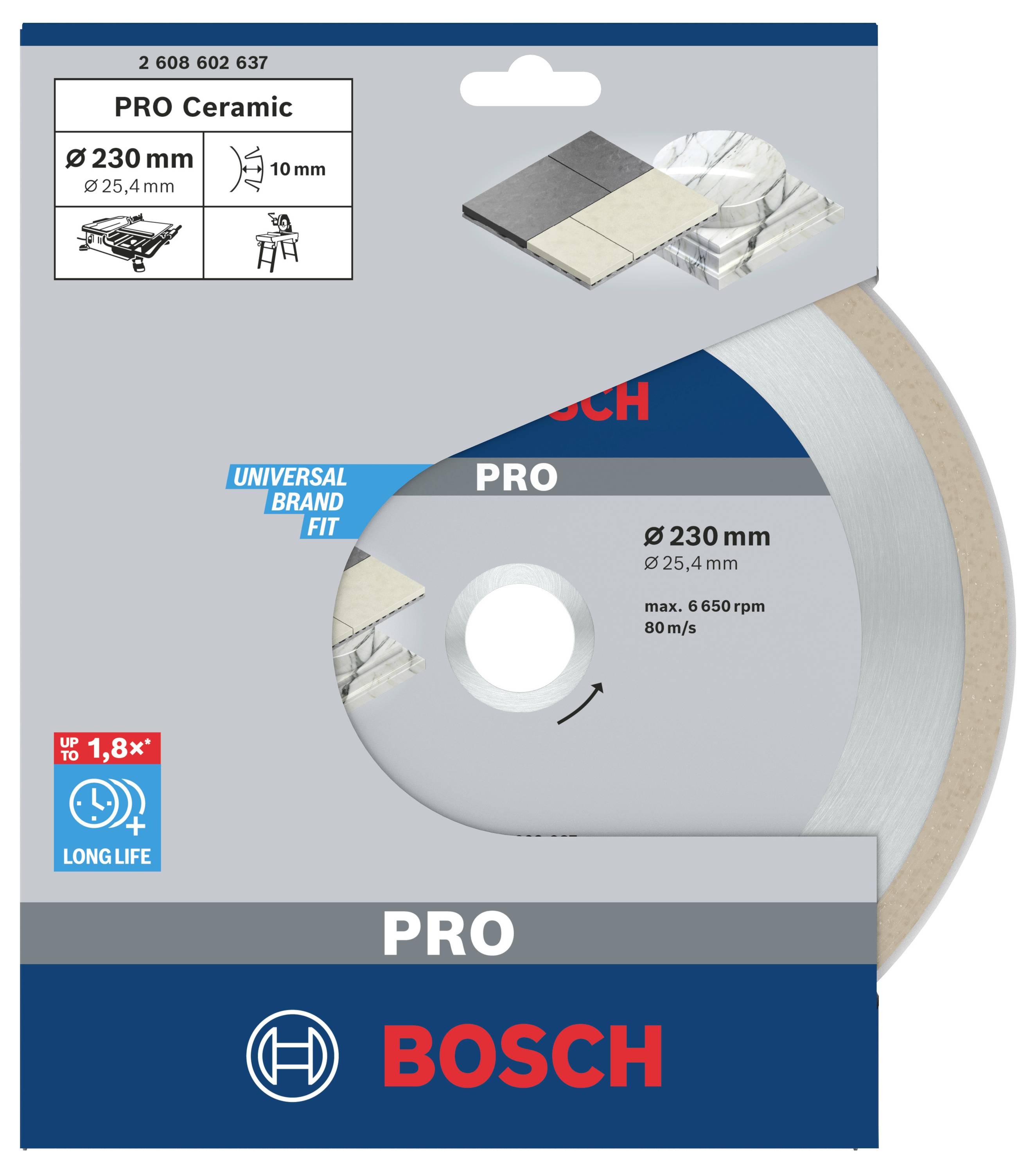 'Bosch PRO Keramiksägeblatt, Ø 230 mm, 25,4 mm Bohrung, max. 6.650 U/min; geeignet für Keramik, 10 mm Schnitttiefe; lange Lebensdauer.'