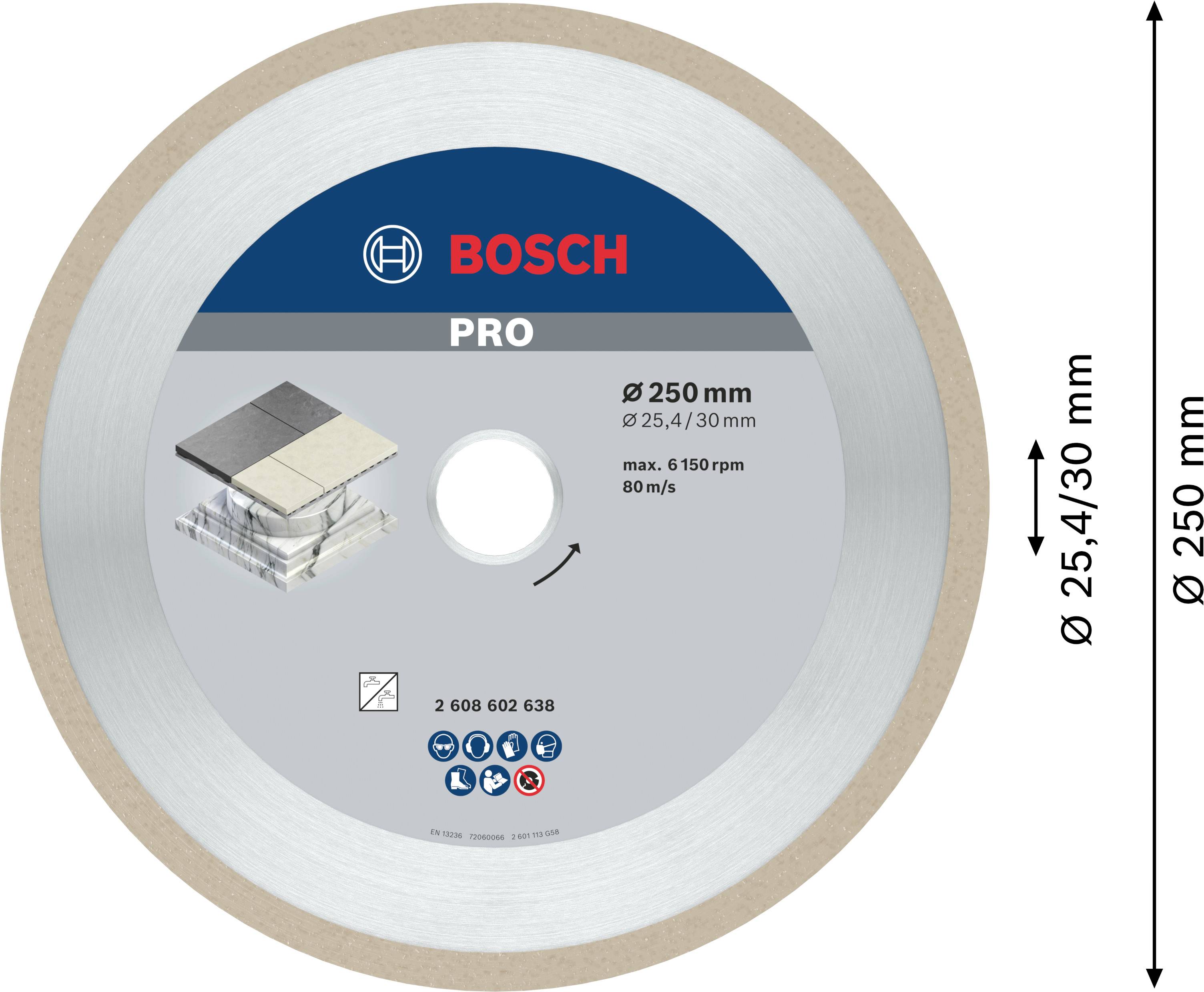 'Bosch PRO Trennscheibe, Durchmesser 250 mm, Bohrung 25,4/30 mm. Geeignet für Fliesen, Marmor, Keramik bei 80 m/s Maximalgeschwindigkeit.'