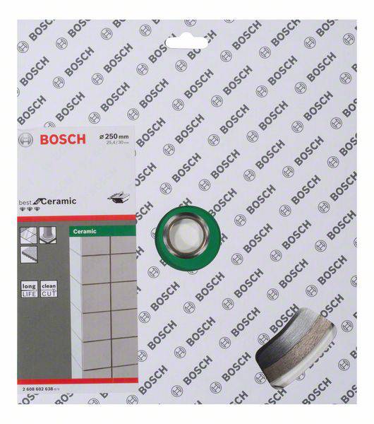 'Bosch' Fliesen-Trennscheibe-Verpackung, Produktname und Marke hervorgehoben. Bild zeigt Kachelbeispiel und Produktspezifikationen.