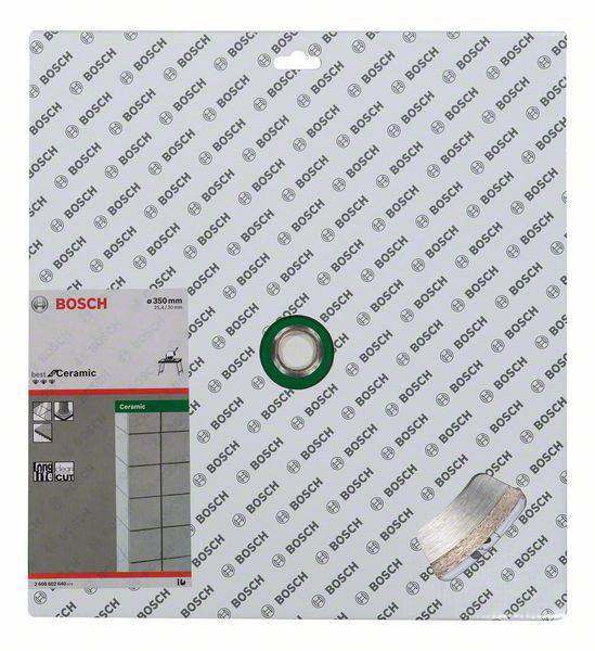 'Bosch Diamantscheibe für Keramik, 350 mm'. Verpackung zeigt Scheibe, geeignet für Fliesenarbeiten, mit Grafiken zur Verwendung.