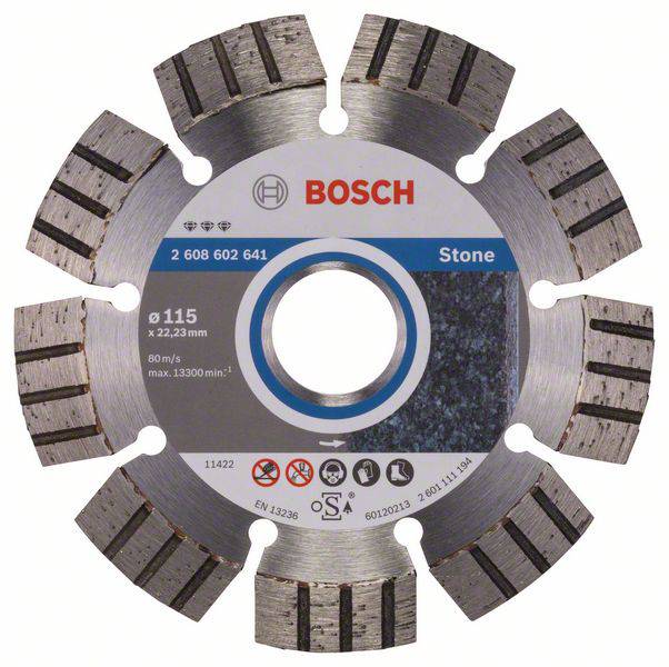 'Bosch' Trennscheibe für Stein, Durchmesser 115 mm, maximale Drehzahl 13.300 U/min, zeigt Produktlogo und Spezifikationen.
