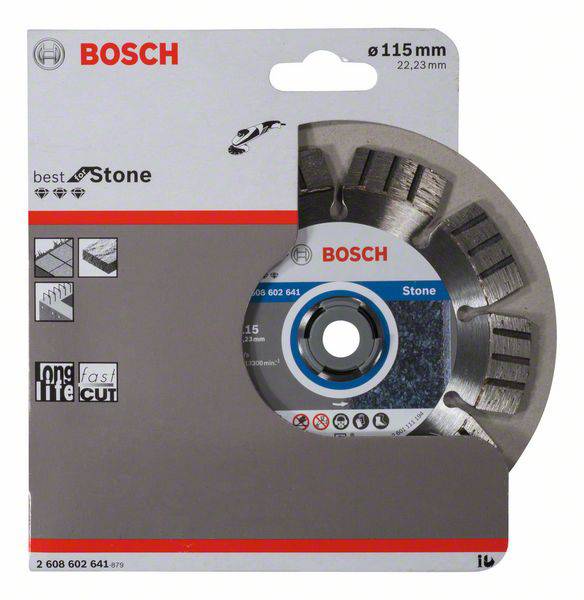 'Bosch Diamanttrennscheibe für Stein', Durchmesser 115 mm. Verpackung zeigt Symbole für Produktanwendung und Eigenschaften wie 'lange Lebensdauer' und 'schneller Schnitt'.
