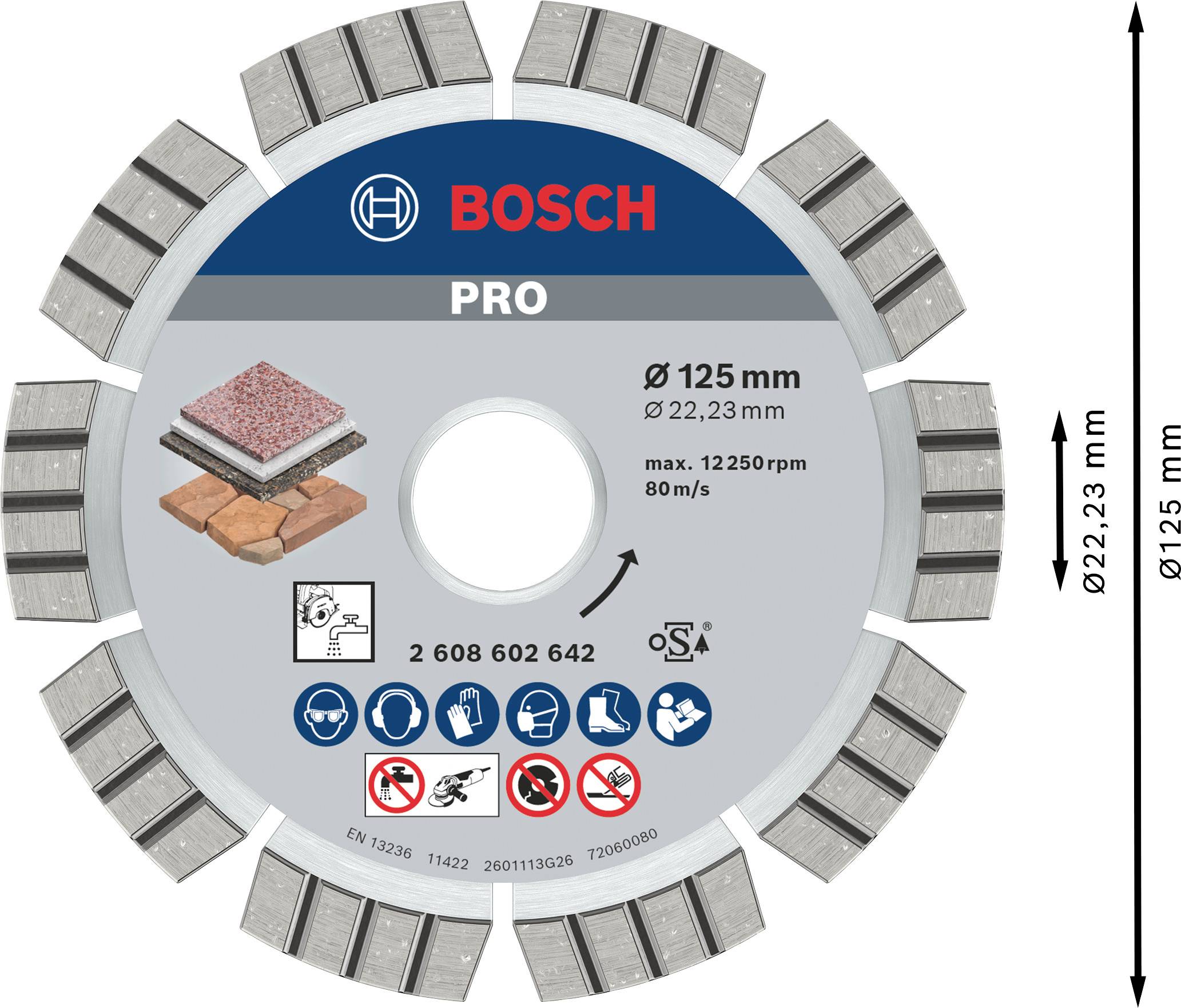 Bosch PRO Diamantscheibe mit 125 mm Durchmesser, geeignet für Steinmaterialien. Enthält Symbole für Sicherheit und Technische Spezifikationen.